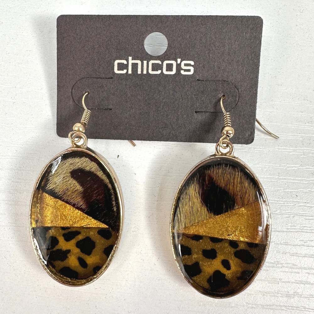 Chico's Leopard Print Calf Hair Oval Drop Dangle Earrings Gold Tone Resin